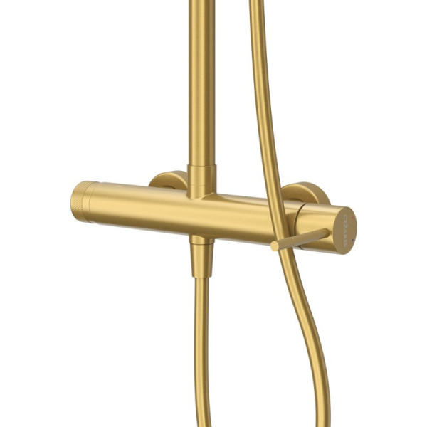 Душевая система Cezares Relax высота 1460 мм, цвет брашированное золото, комплект: однорычажный смеситель/тропический душ (с верхней лейкой)/стойка/лейка/шланг, наружного монтажа