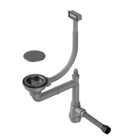 Сифон Omoikiri WK-1C-GM, для одночашевых кухоных моек, прямоугольный перелив, цвет: вороненая сталь, с переливом, гидрозатвор/мокрый затвор