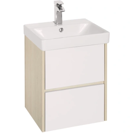 Тумба с раковиной Акватон Сканди 45, 43,2х42,7х52,2 см, подвесная, 2 выдвижных ящика, МДФ/ЛДСП, механизм доводчика, прямоугольная/умывальник Адриана 45, прямоугольный, цвет белый