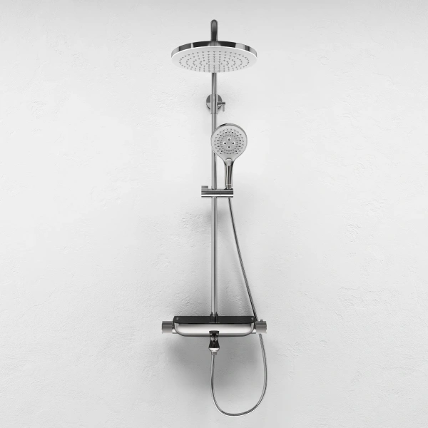 Душевая система Abelsberg Lineara с термостатом, высота 900−1300 мм цвет глянцевый хром, комплект: смеситель/полка для душа/излив/тропический душ округлый (с верхней лейкой)/лейка/стойка/шланг, латунь/ABS-пластик