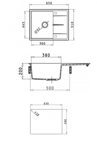 Мойка кухонная ABBER Quarz, 65х51х21,7 см, врезная, кварцевый композит, прямоугольная, цвет белый матовый, с крылом, без отверстия под смеситель, слив-перелив, врезная в столещницу, для кухни