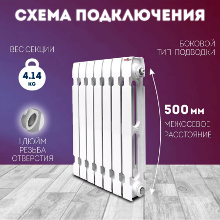 Радиатор KONNER Модерн-500 7 секции, 980 Вт, чугунный, с монтажным комплектом, белый, боковое подключение, настенный 