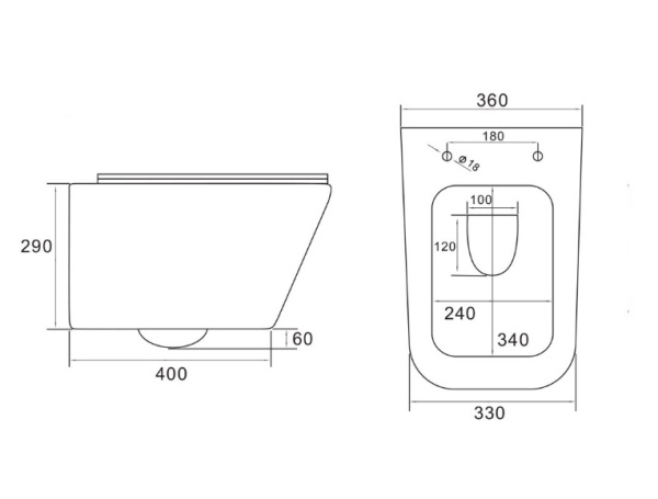 Унитаз подвесной Vincea Q-Line 52х36х35 безободковый, цвет серый матовый, фарфор, прямоугольный, горизонтальный выпуск (в стену), для инсталляции/скрытого бачка, антивсплеск