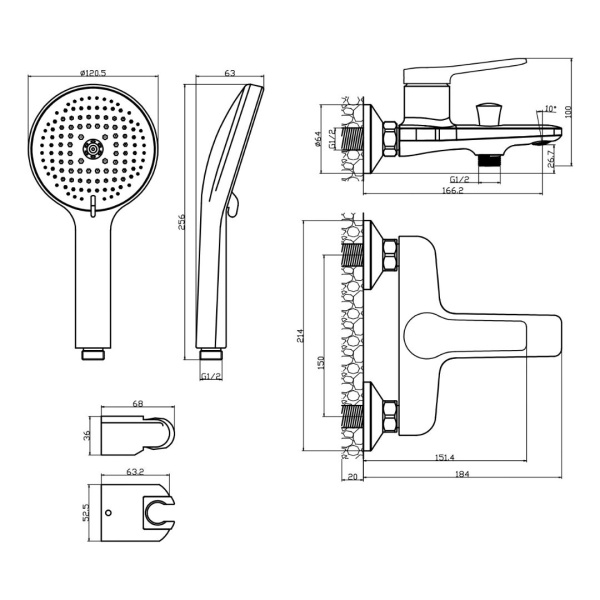 Смеситель для ванны/душа Olives Riva однорычажный, керамический картридж, настенный, излив неповоротный 166.2 мм, латунь, цвет хром