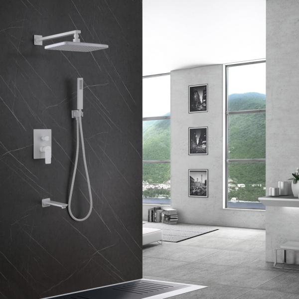 Душевая система ABBER Weiss Insel встраиваемая, цвет белый матовый, комплект: однорычажный, смеситель/излив/тропический душ (с верхней лейкой)/лейка/шланг, внутренний (скрытый) монтаж