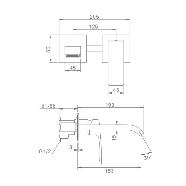 Смеситель для раковины/умывальника Raglo R02.11 встраиваемый/настенный, однорычажный, неповоротный, латунь, длина излива 183 мм, керамический, цвет хром