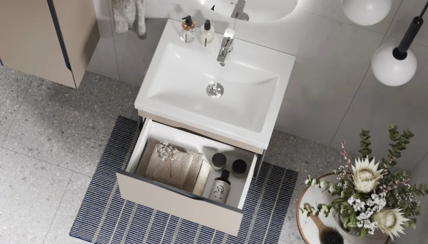 Тумба под раковину Velvex Krona 600-0-1, 589х445х462 мм подвесная, цвет серый камень, 1 выдвижной ящик, подходит раковина Como 60, универсальная, в ванную комнату