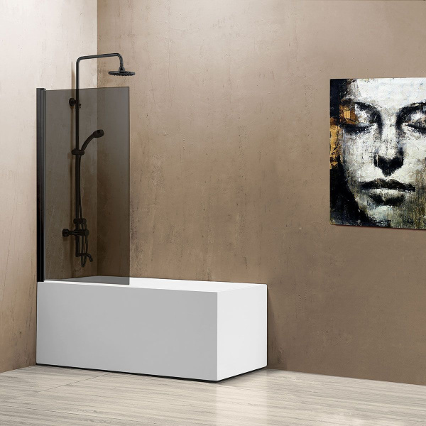 Шторка для ванны Vincea 80х140 см, стекло тонированное, профиль черный, одностворчатая, распашная дверь, плоская/ панель