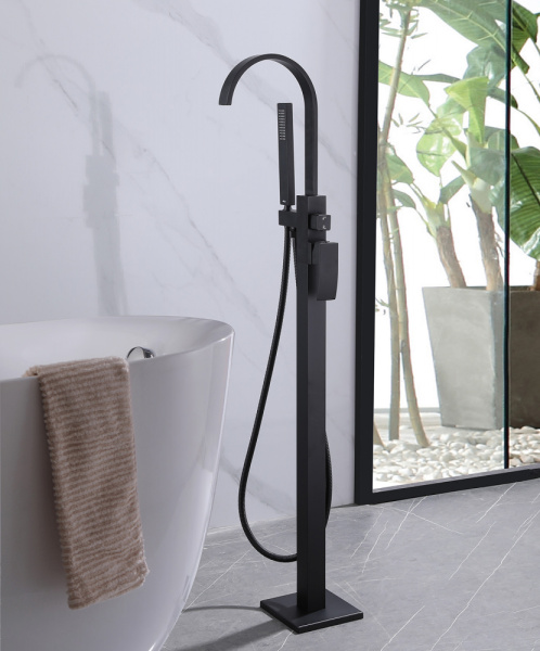 Смеситель для ванны/душа ABBER Weiss Wasserfall напольный, однорычажный, неповоротный, длина излива 200 мм, латунь, цвет черный матовый