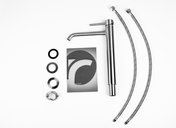 Смеситель для раковины/умывальника Knotlor Eclipse, высокий, однорычажный, неповоротный, керамический, длина излива 195 мм, нержавеющая сталь, цвет матовая сталь