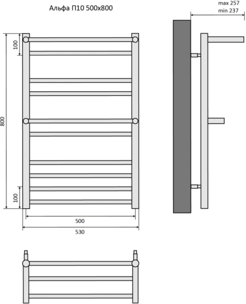 Полотенцесушитель Aquatek Альфа водяной П10 500х800 мм с полкой, хром, нержавеющая сталь, лесенка, подключение нижнее