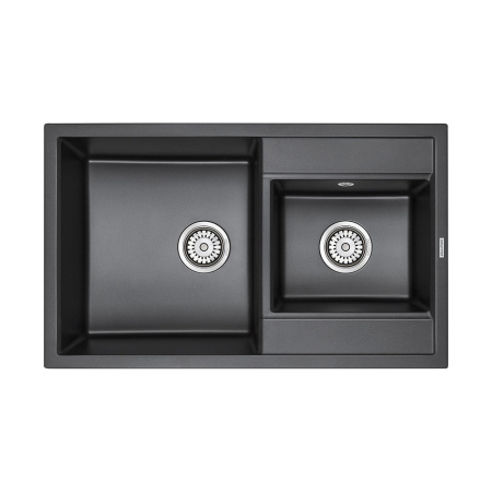 Мойка кухонная Paulmark TANDEM, 82х50х19,5 см, две чаши, врезная, кварцевый композит, прямоугольная, цвет черный, без отверстия под смеситель, без крыла, слив-перелив, врезная в столещницу, для кухни