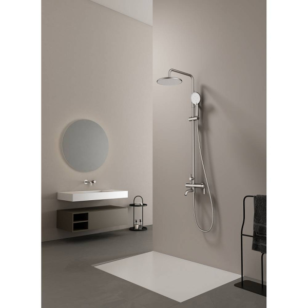 Душевая система Splenka S221.24.05 высота 1070-1370 мм цвет сатин, комплект: однорычажный смеситель/излив/тропический душ круглый (с верхней лейкой)/лейка/стойка/шланг, нержавеющая сталь