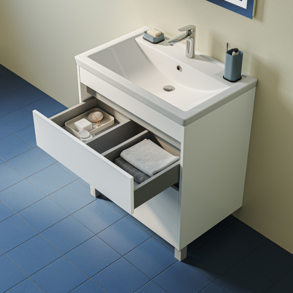 Тумба c раковиной IDDIS Zodiac X, 677х444х795 мм, напольная, 2 выдвижных ящика, ЛДСП/раковина накладная, прямоугольная, цвет белый, санфарфор, отверстие под смеситель ZDX70WFi95K