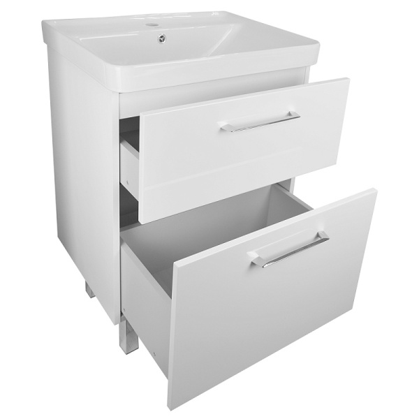 Тумба с раковиной Azario Ника 60 Н, 62х85х47 см, напольная, 2 выдвижных ящика, МДФ/ЛДСП, система плавного закрывания, прямоугольная/умывальник (Monte 60), прямоугольная, цвет белый, санфаянс, отверстие под смеситель, слив-перелив