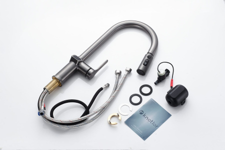 Смеситель для кухни/мойки Knotlor Inspiration, однорычажный, поворотный/выдвижной, с индикатором температуры, керамический, длина излива 175 мм, латунь, цвет вороненая сталь