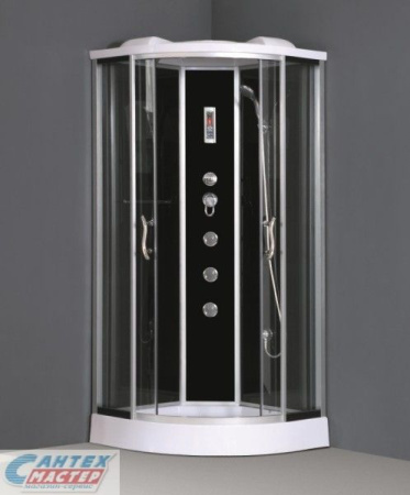 Душевая кабина 90х90х215 см Oporto Shower поддон низкий, полукруглая, угловая, двери тонированные, заднее стекло черное, с гидромассажем, электронная, смеситель, с верхним душем, профиль хром матовый, прозрачное стекло, белая, закрытая