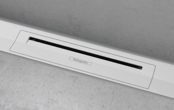 Решетка Hansgrohe RainDrain Flex 120, для пристенного монтажа, для душевого трапа, укорачиваемая, 120х6 см, цвет матовый белый, для душа в пол, нержавеющая сталь, прямоугольная