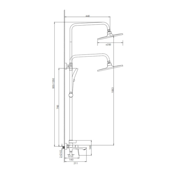 Душевая система Splenka S41.24 высота 950-1350 мм цвет хром, комплект: однорычажный смеситель/излив/тропический душ круглый (с верхней лейкой)/лейка/стойка/шланг, латунь