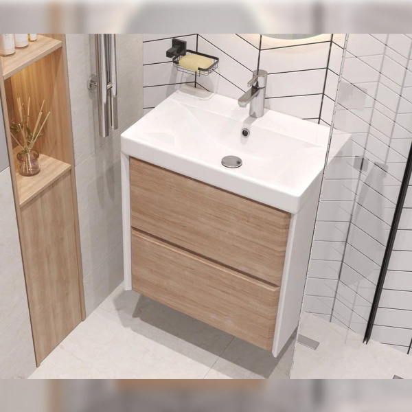 Тумба под раковину Velvex Gesso 600-0-2, 590х390х592 мм подвесная, цвет белый матовый/дуб сонома, 2 выдвижных ящика, подходит раковина 9696-60, универсальная, в ванную комнату