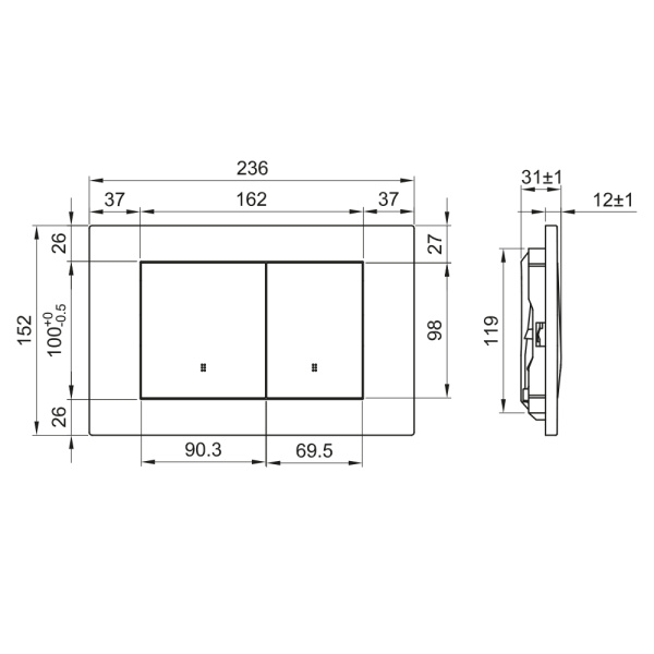Кнопка смыва Olives Porto, прямоугольная, цвет: черный матовый, пластик, клавиша управления для сливного бачка, инсталляции унитаза, двойная, механическая, панель, универсальная, размер 236х152х31 мм