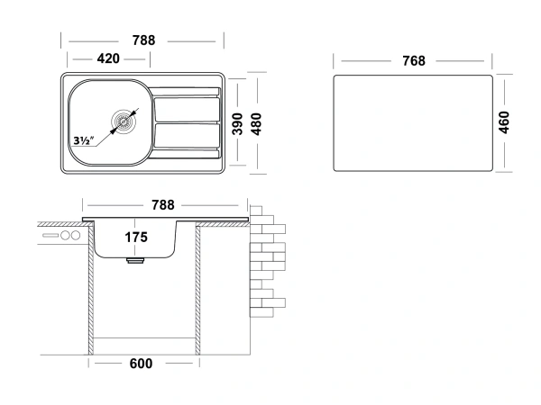 Мойка Ukinox Спектр, 78,8х48 см, врезная, стальная, прямоугольная, цвет нержавеющая сталь, с отверстием под смеситель, слив-перелив, с крылом, SPM788.480 -GT6K 2L