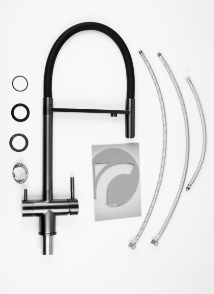 Смеситель для кухни/мойки Knotlor Infinity, с подключением к фильтру, однорычажный, поворотный, керамический, R-излив, гибкий, длина 230 мм, вороненая сталь/черный, нержавеющая сталь SS-16/GM
