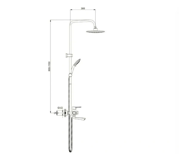 Душевая система G-lauf NUD16-A045YB высота 1150 мм цвет черный матовый, комплект: однорычажный смеситель/излив/тропический душ круглый (с верхней лейкой)/лейка/стойка/шланг, цинк