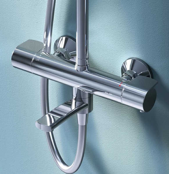 Душевая система AM.PM X-Joy, высота 1460 мм, цвет хром, комплект: термостатический смеситель с изливом/тропический душ (с верхней лейкой)/стойка/лейка/шланг, наружного монтажа