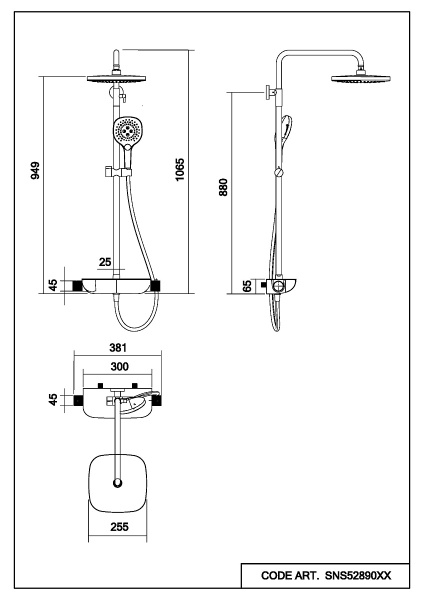 Душевая система Abelsberg Lineara с термостатом, высота 900−1300 мм цвет вулканический черный, комплект: смеситель/полка для душа/тропический душ прямоугольный (с верхней лейкой)/лейка/стойка/шланг, латунь/ABS-пластик