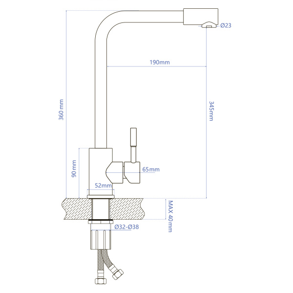 Смеситель для кухни/мойки AQUEDUC однорычажный, поворотный, керамический, длина излива 190 мм, высота 345 мм, нержавеющая сталь 345331