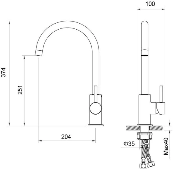 Смеситель для кухни/мойки Aquatek Европа однорычажный, поворотный, латунный, длина излива 205 мм, цвет матовый черный