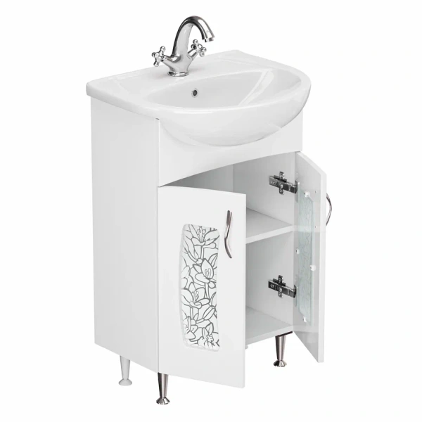 Тумба с раковиной GRADEONIKA Муза 55, 48,8х30,1х69,5 см, напольная, 2 распашные дверцы, вставка матовое стекло с орнаментом лотос, МДФ/стекло, прямоугольная, цвет белый, прямоугольная 53095