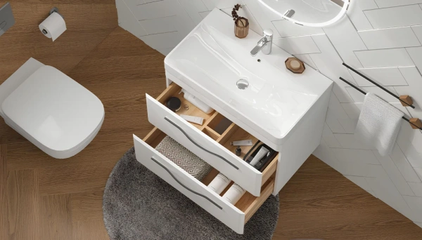 Тумба под раковину Velvex Jill 800-0-2, 782х378х600 мм подвесная, цвет белый матовый, 2 выдвижных ящика, подходит раковина 9595-80, универсальная, в ванную комнату