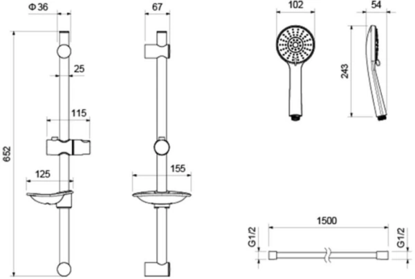 Душевой гарнитур Aquatek Бетта наружного монтажа, высота 652 мм, цвет хром, комплект: стойка/лейка/шланг/мыльница, нержавеющая сталь/пластик