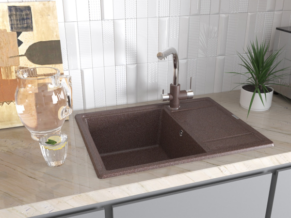 Смеситель для кухни/мойки Paulmark Essen, с подключением к фильтру/биканальный, однорычажный, поворотный излив, керамический картридж, высокий, длина излива 197 мм, латунь, цвет кофе/хром