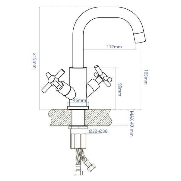 Смеситель для раковины AQUEDUC двухвентильный, излив короткий, длина 112 мм, поворотный, керамический, нержавеющая сталь, цвет сталь, без донного клапана 345729