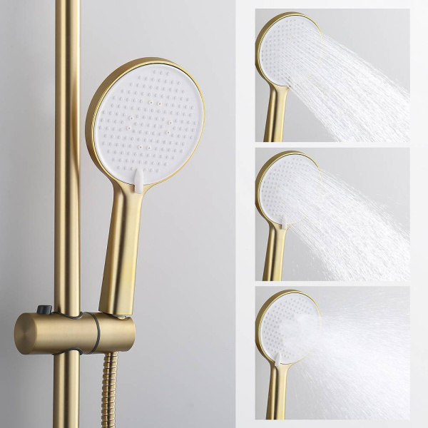 Душевая система Splenka S223.26.03 с термостатом, 1160-1560 мм цвет сатин золотой, комплект: термостатический смеситель/излив/тропический душ круглый (с верхней лейкой)/лейка/стойка/шланг, латунь/нержавеющая сталь