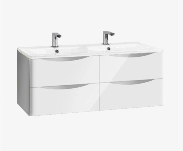 Тумба/база под раковину на две чаши Vincea Roberta 1200 L.White, 119,3х47,6х45 см, навесная, цвет белая эмаль, 4 выдвижных/выкатных ящика, ЛДСП, шкаф/шкафчик подвесной, прямоугольная