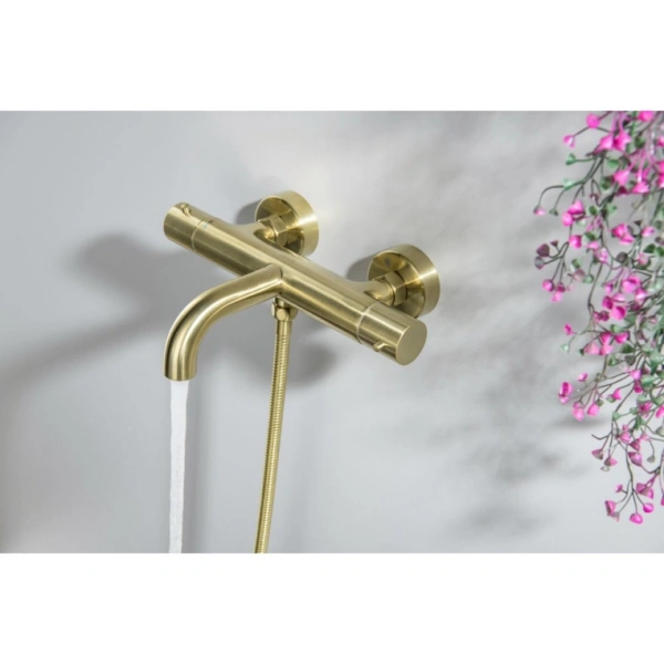 Смеситель для ванны/душа Aquatek Европа термостатический, настенный, излив 202 мм, фиксированный, латунь, без шланга и лейки, цвет шлифованное золото