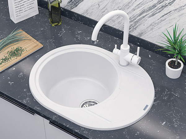 Смеситель для кухни/мойки Paulmark Essen, с подключением к фильтру/биканальный, однорычажный, поворотный излив, керамический картридж, высокий, длина излива 200 мм, латунь, цвет белый матовый