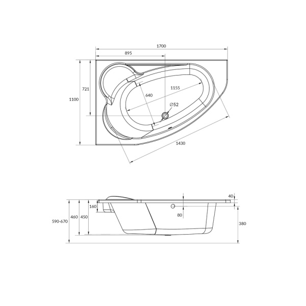 Ванна Cersanit Kaliope 170x110 акриловая, цвет- белая, (без гидромассажа, рамы, сифона, фронтальной панели) асимметричная, левосторонняя, левая, пристенная, литьевая, литая, в квартиру, дом, дачу, хрущевку, сантехника, размер, длина, ширина