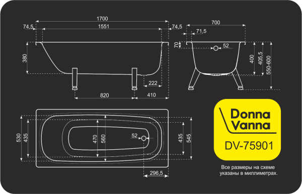Ванна ВИЗ Donna Vanna 170х70, стальная, с ножками, цвет- белая DV-75901