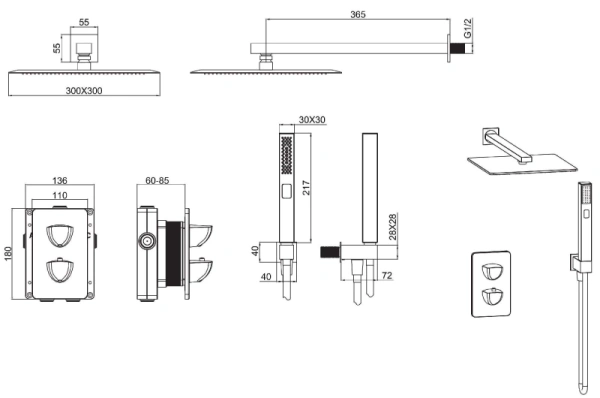 Душевая система Allen Brau Infinity V.2 встраиваемая, скрытого монтажа, цвет хром, комплект: термостатный смеситель/тропический душ (с верхней лейкой)/лейка/держатель лейки/шланг