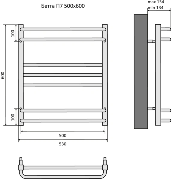 Полотенцесушитель Aquatek Бетта водяной П7 500х600 мм черный муар, нержавеющая сталь, лесенка, подключение нижнее
