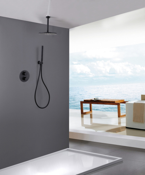 Душевая система ABBER Wasser Kreis встраиваемая, цвет черная матовая, комплект: однорычажный смеситель/тропический душ (с верхней лейкой)/лейка/шланг, без излива, внутренний (скрытый) монтаж AF8121B