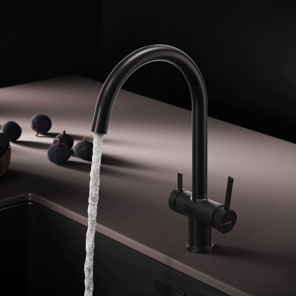 Смеситель для кухни/мойки AM.PM Func высокий, С-излив, однорычажный, с каналом для питьевой воды, поворотный, керамический, длина излива 225 мм, нержавеющая сталь/цинк/латунь, цвет черный