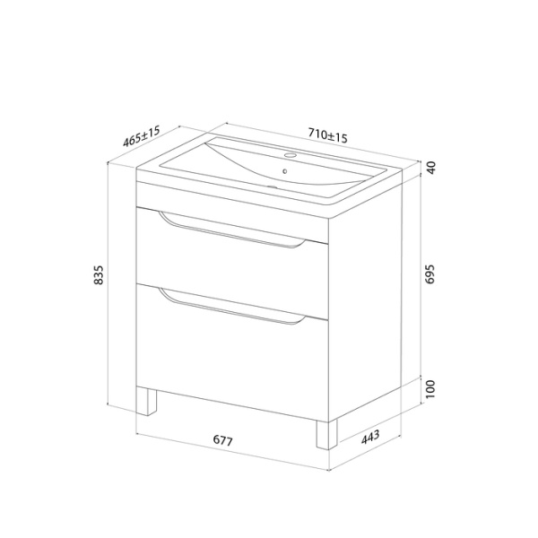 Тумба c раковиной IDDIS Ray, 710х465х835 мм, напольная, 2 выдвижных ящика, МДФ/раковина накладная, прямоугольная, цвет белый, санфарфор, отверстие под смеситель RAY70WFi95K