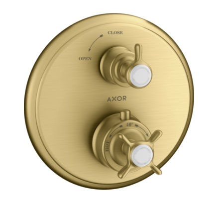 Смеситель для душа Axor Montreux Ecostat E, с запорным вентилем, термостатический, с крестообразной рукояткой, скрытого/настенного монтажа, без излива/шланга/лейки, круглый, латунный, цвет шлифованное золото, с термостатом