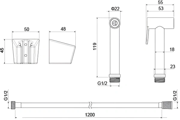 Комплект для биде Aquatek AQ2054MB гигиеническая лейка/шланг 120 см/держатель лейки, латунь, цвет матовый черный, для биде/унитаза/гигиенических процедур, универсальный